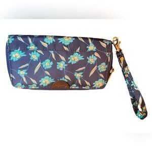 Travelon Nylon Safe ID Travel Wallet Wristlet Clutch Navy With Teal Floral Print